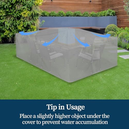 أغطية أثاث الفناء 600 دينير مقاومة للماء 100%، غطاء طاولة خارجي من قماش اوكسفورد شديد التحمل مع مقابض وفتحات وأبزيم مقاوم للأشعة فوق البنفسجية من دسوكول، لون فضي، مقاس 3.5 م × 2.6 م × 90 سم