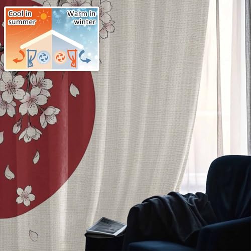 Siyawaseii 和風 赤日 桜 花びら 麻布背景 カーテン 遮光 2枚セット 幅100x丈110cm（2枚セット） 断熱 防寒 省エネ 防音 おしゃれ 寝室 リビング用 フック付き 間仕切り 目隠し UVカット 洗える プライバシー保護 [5]