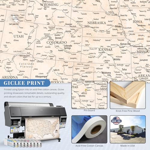 Image of IPIC - Vintage USA Map Pin Board Canvas Wall Art, Travel Map with Pins Included, Ready to Hang for Home or Office 36x24 Inch