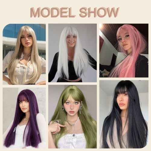 COOINEADER Red Long Straight Wig with Bangs for Women(26Inch) — view 6