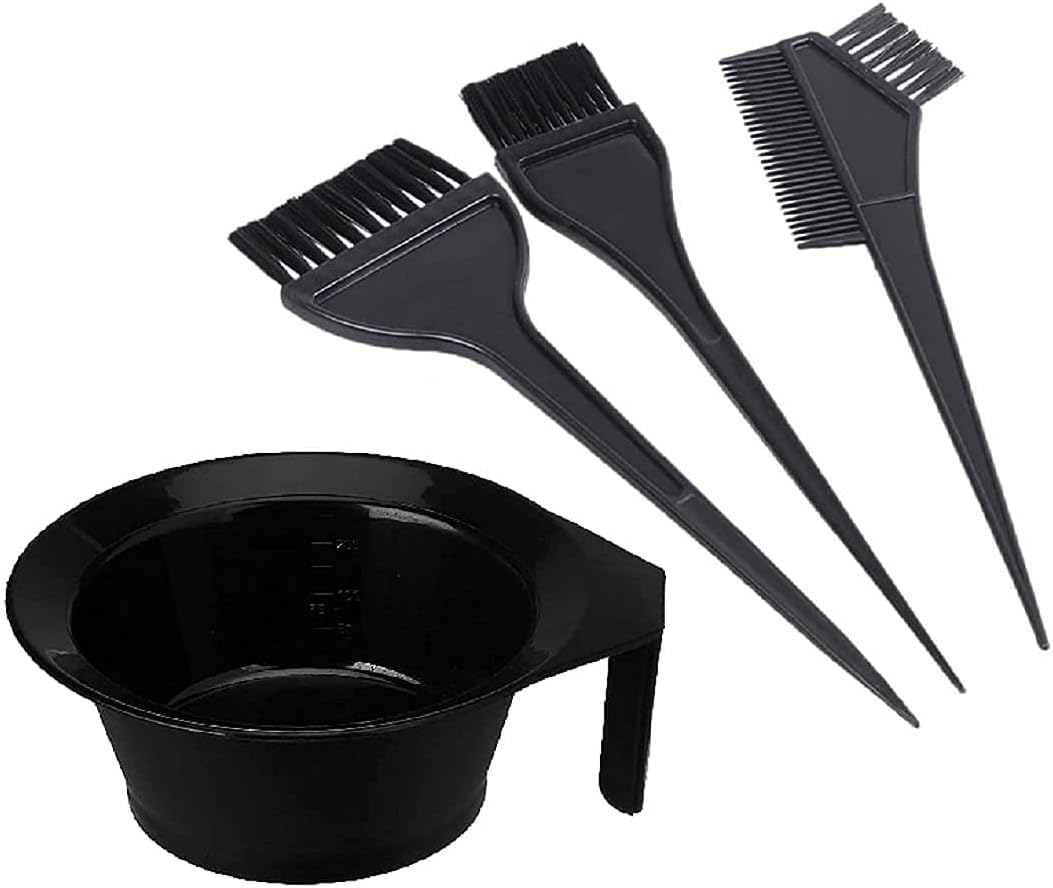 Dye Brush And Mixing Bowl Hair Colouring Kit - Includes Hair Dye Bowl And 3 Brushes In Black - 4 Pieces