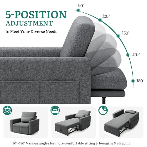 YITAHOME Schlafsessel mit Bettfunktion 192×88 cm, 3-in-1 Ausziehbares Schlafsofa, Verstellbares Einzelsessel mit Kissen und Seitentasche, Sofa mit Schlaffunktion für Wohnzimmer Wohnung, Hellgrau