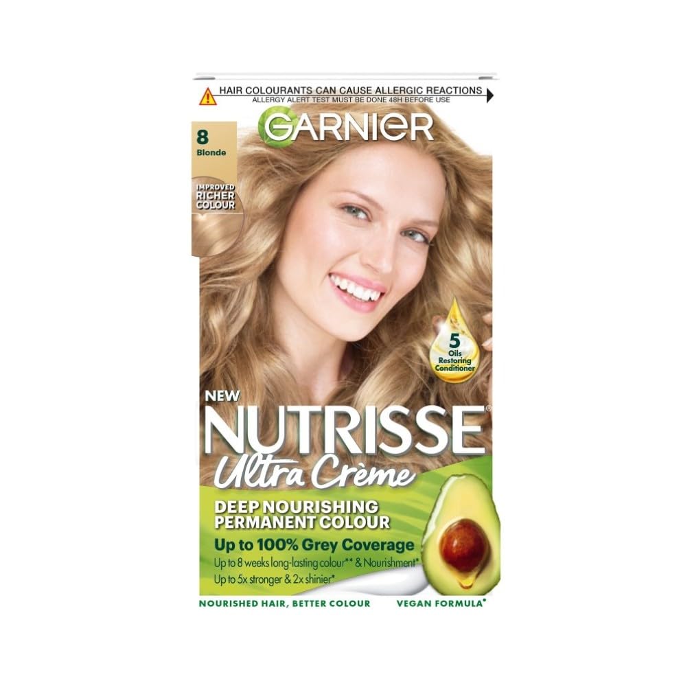 Garnier Nutrisse Blonde Hair Dye Permanent, Up to 100 Percent Grey Hair Coverage, with NEW 5 Oils Conditioner – 8.0 Blonde
