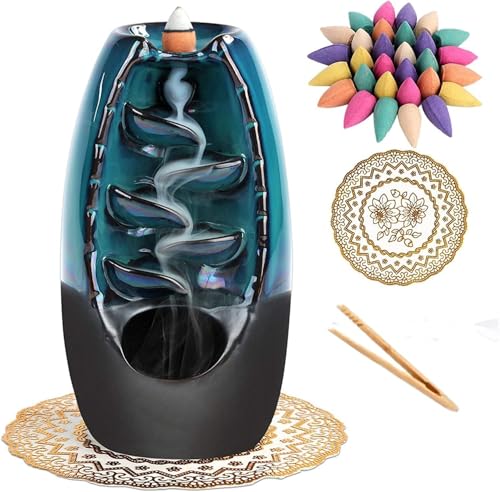 Ceramic Waterfall Backflow Incense Burner Incenser Holder Home Decor Aromatherapy Ornament Waterfall Incense Burner+ 100Cone Incense Free (Blue)
