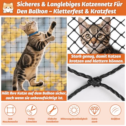 selizo Katzennetz Für Balkon, 2x3m Katzennetz Drahtverstärkt Ist Robust, Katzennetz Für Balkon Bohren Bissfest Balkonnetze Für Katzen Zur Sicherung Von Balkon, Terrassen, Fenstern, Dachluken, Türen