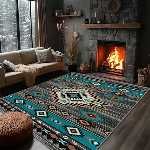 Yoozitrees Southwestern Rug 8x10 - Aztec Native American Geometric Area Rugs, Western Rustic Carpet, Washable & Non Slip & Soft Large Carpets, Southwestern Home Decor (Turquoise Orange Grey)
