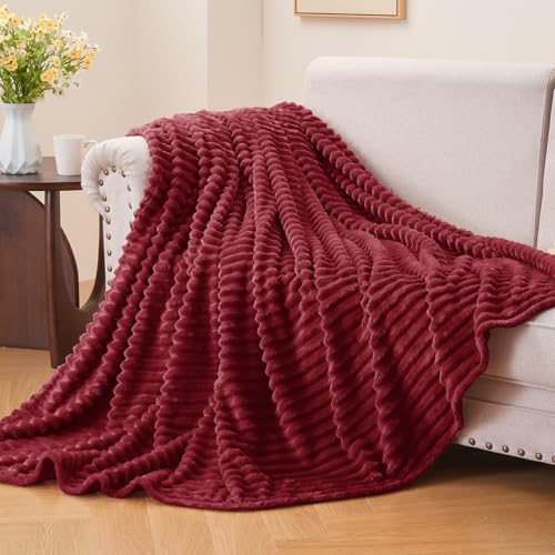 Image of BEDELITE Fleece Throw Blanket for Couch - 3D Ribbed Jacquard Soft and Warm Decorative Fuzzy Blanket - Cozy, Fluffy, Plush Lightweight Burgundy Throw Blankets for Bed, Sofa, 50x60 inches