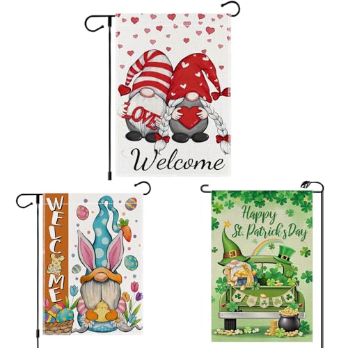 3-Pack Seasonal Gnome Garden Flags 12x18 Inch - Easter/Valentine's/St. Patrick's Day Double-Sided Outdoor Decor for Patio Yard Holiday Decorations