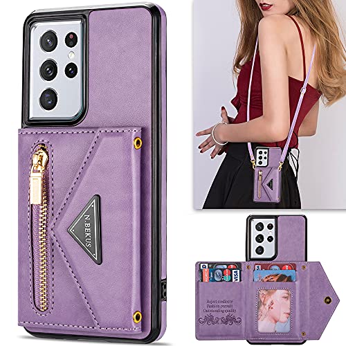 Kudex Wallet Case For Samsung Galaxy S21 Ultra 5G 6.8 Inches With Crossbody Strap,Flip Leather Magnetic Zipper Pocket Purse Wallet Case With Card Holder Kickstand Shoulder Strap For Women(Purple) #TOP8