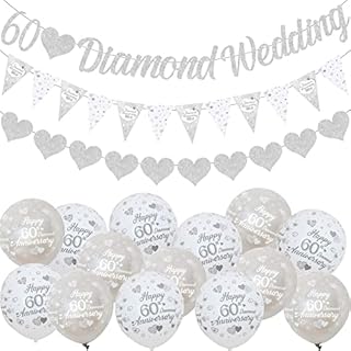 60th Wedding Anniversary Decorations Banners, 60th Diamond Wedding Glitter Banners, 60th Anniversary Bunting Flag and Balloons for Anniversary Party Supplies