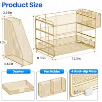 OPNICE Desk Organizers and Accessories, 4-Tier Desktop File Organizer with Drawer and Pen Holders, Office Desk Accessories Workspace Organizers for Office Supplies (Gold) — image 4