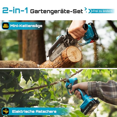 SEESII 6 Zoll Mini Kettensäge & 33 mm Elektrische Gartenschere, 2-in-1 Gartenwerkzeug Set mit 2×2000 mAh Akkus, Bürstenloser Motor, Ideal für Stamm und Astschnitt