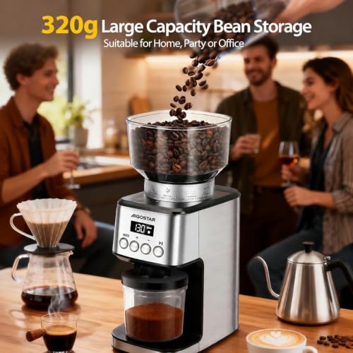 Image of Aigostar Conical Burr Coffee Grinder Electric, Coffee Bean Grinders Automatic, Adjustable Burr Mill with 52 Precise Grind Setting, Burr Coffee Grinder for Espresso Drip Coffee and French Press, Black