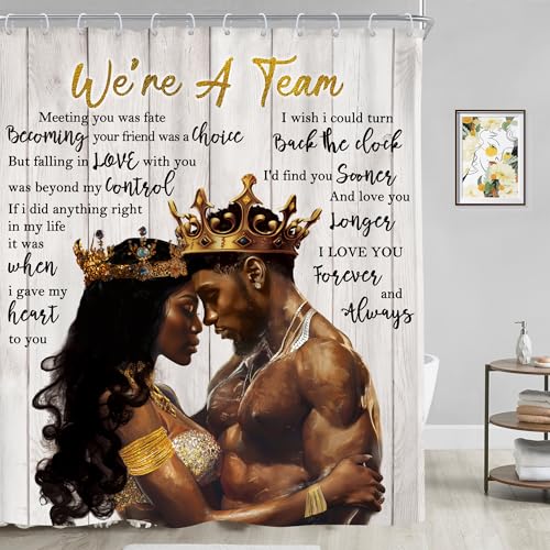 Image of Riyidecor African American Shower Curtain Black King and Queen Afro Romantic Couple 60Wx72H Inch Rustic Vintage Wood Board Inspirational Quote Fabric Decor Bathroom Polyester Waterproof Hooks