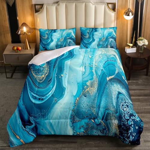Erosebridal Marble Comforter Set,Teal Blue Marble Down Comforter Gold Liquid Quicksand Design Quilted Duvet,Turquoise Decorative 2 Piece Bedding Set with 1 Pillow Sham,Twin Size by Erosebridal - Used condition - Image 4