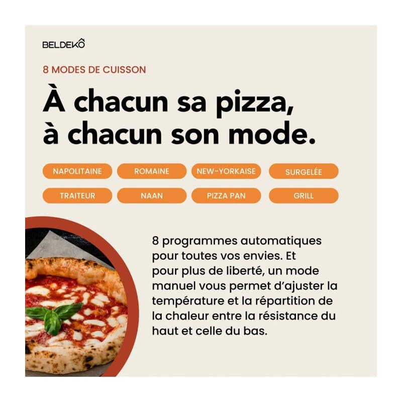 Four à pizza électrique BELDEKO Donato – 450 °C, 2140 W – cuisson 90 secondes – 8 modes + manuel – pierre réfractaire 33×33 cm – pelle à pizza incluse