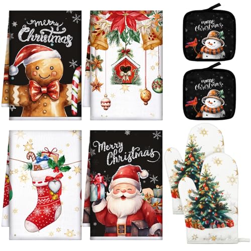 Bencailor 8 Pcs Christmas Kitchen Towel Pot Holders and Oven Mitts Set Xmas Winter Kitchen Decor 4 Dish Towels 2 Farmhouse Oven Mitts 2 Potholders for Baking Accessories(Bright Color,Christmas)