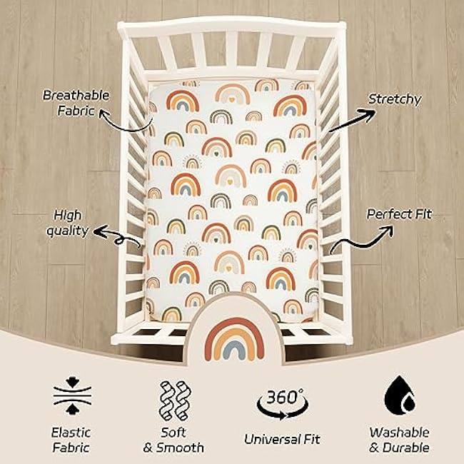 4 Pack Crib Sheets Boho Nursery Sheets Sunshine and Rainbow Desdign Neutral Unisex Fitted Baby Standard Crib Sheets for Baby Boys or Girls (Crib Sheets)