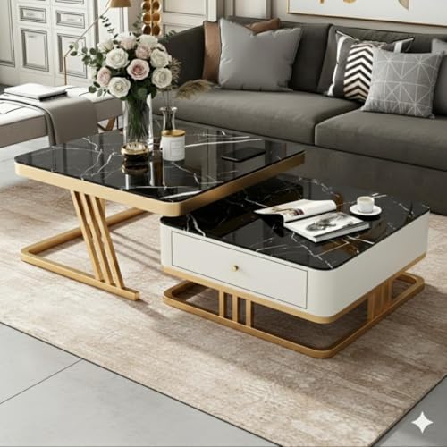 Image of Iron Frame Handmade Drawer Square 20 inchx20 inch Coffee Table Set 2 piece, Nesting Table with Marble Look Center Table Storage Drawer for Living Room /Drawing Room /Balcony (Golden Black White)