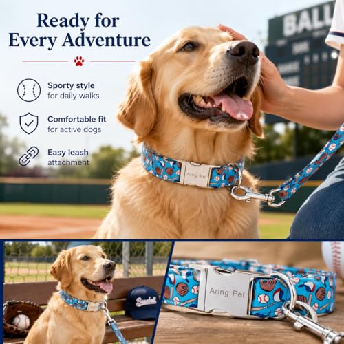 Image of ARING PET Boy Dog Collar for Puppy Small Medium Large Dogs-Blue Baseball XS | Cute Male Heavy Duty Pet Collars with Metal Buckle for XS S M L XL Dogs, for Daily Walk Sport Watch Trip Outings Photoshoots