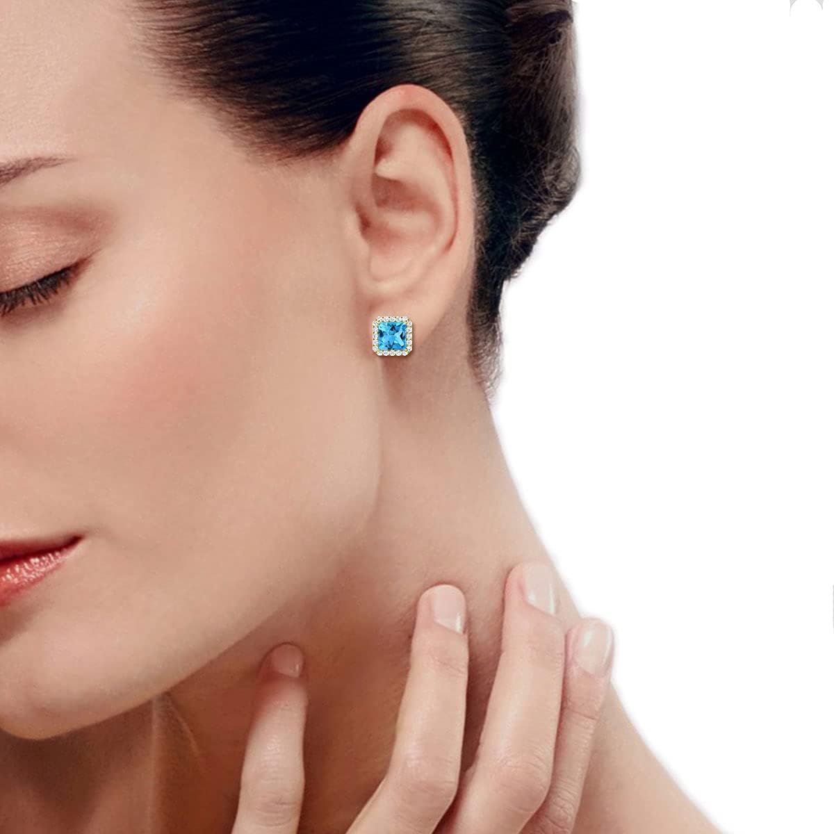 Inspereza Princess Cut Gemstone and Round Diamond Halo Stud Earrings in 14kt Gold (6 MM gemstone)