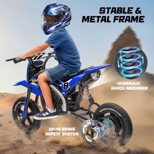 Image of 24V Kids Electric Dirt Bike - 250W Electric Motorcycle, 11 Mph Max Speed Electric Motorcycle Mini Bike with Music, 10 Miles Range, Twist Grip Throttle, Metal Suspension, Rubber Tires (Blue)