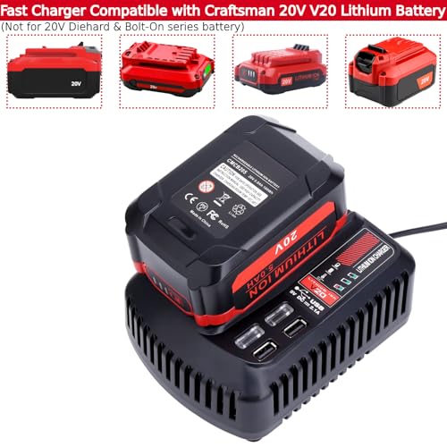 Image of Tulepowceeng CMCB104 Fast Charger Compatible with Craftsman 20v V20 Lithium Battery CMCB201 CMCB202 CMCB205 CMCB209 CMCB206 CMCB202-2 Replacement for 20v Battery Charger CMCB100 CMCB102 CMCB124