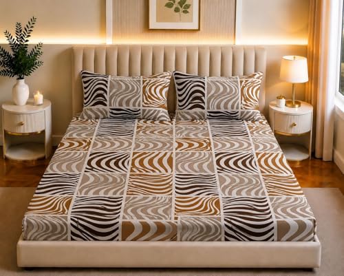 Image of Castiqa Elastic Fitted Supersoft Premium Polycotton 200TC Double Bedsheets King Size 78x72 Inch with 2 Pillow Covers (Fits Upto Mattress of 8Inches) (Multicolor III)