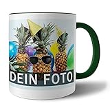 Tasse mit persönlichem Foto und Text zum selbst gestalten (Fototasse, Kaffeebecher mit individuellem Druck, farbiger Henkel und Trinkrand, mit personalisierbarem Foto, spülmaschinenfest), dunkelgrün