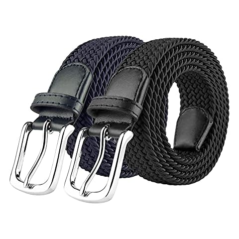 JUKMO Elastic Braided Belt, 2 Pack Stretch Woven Belt in Gift Box (Black+Dark Blue, Medium-for Waist 32"-35" (Length 41")) Cover