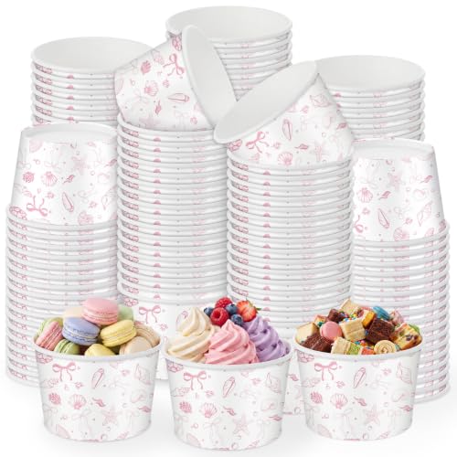 Maxdot 50 Pcs Pink Seashell Snack Cups 9oz Disposable Ice Cream Cups Decorative Paper Dessert Bowls Baseball Party Supplies for Yogurt, Cupcakes, Soup Hot or Cold Food