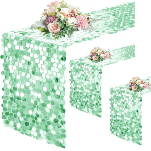 Pufogu 12 "x 108" Mint Green Premium Big Payette Sequin Overlay Linens mesh Table Runner, Rectangle Glitter Table Runner for Wedding Party, Birthday Party, Banquet Decor (3 Pack).