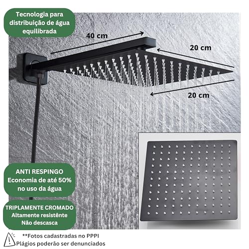 Ducha Chuveiro Quadrado 20x20cm Completa Com Desviador Chuveirinho Black Matte Preto Fosco