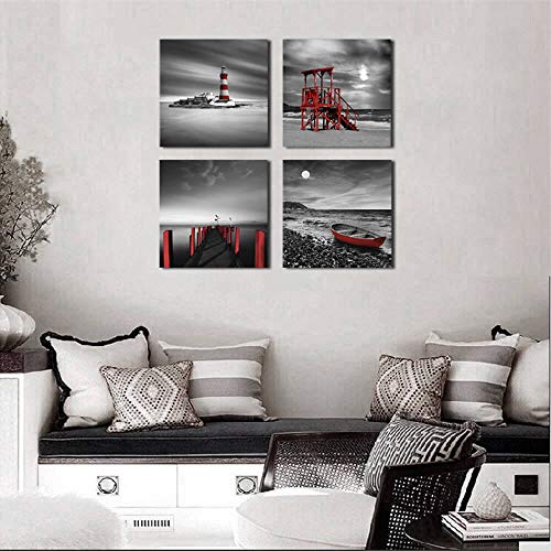 Black And White Beach Wall Art Seascape Red Lighthouse Boardwalk Boat Sunrise Scenery Wall Picture Canvas Prints 4 Panels Set For Bathroom Bedroom Hotel Coffee Bar Beach Wall Decor #TOP3