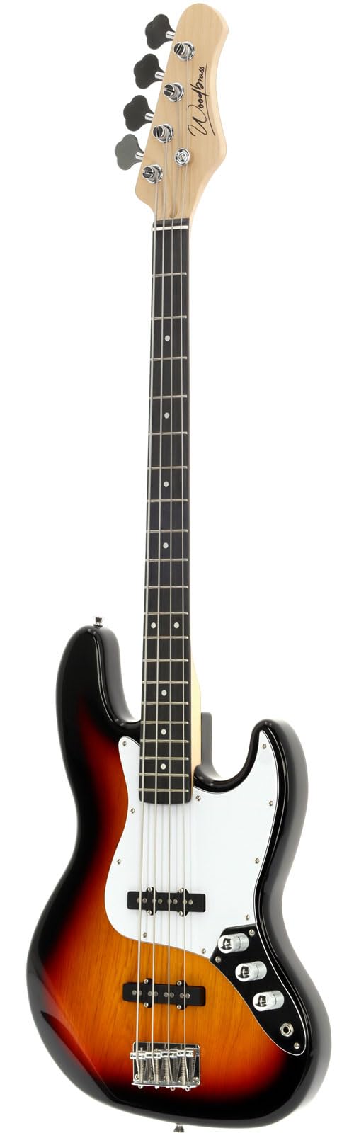 Bajo eléctrico Woodbrass JB100 Sunburst – Guitarra baja versátil ideal para principiantes – Cuerpo forma JB Tilo americano Tecla de arce – Estilo rock, pop, funk, country, hard, metal