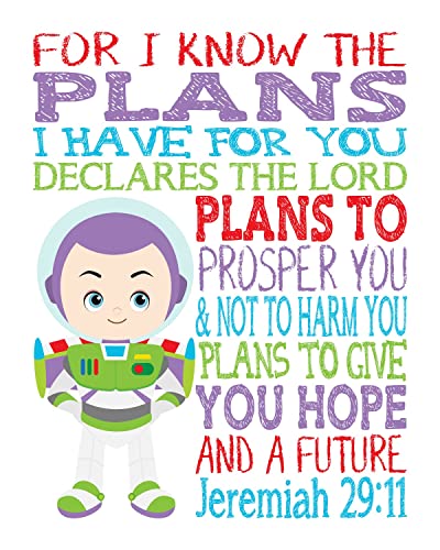 Toy Story Christian Nursery Set of 4 Unframed Prints Woody Buzz Lightyear Jessie and Alien with Bible Verses