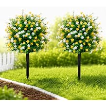 Outdoor Artificial Flowers Topiary Ball Tree with Stake,2Pack Spring Fake Boxwood Topiary Ball Faux Greenery Shrubs,Realistic UV Resistant Fake Plants Bushes for Indoor Front,Diameter15.8