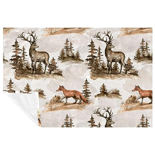 Couverture cerf et renard en aquarelle douce 150x100 cm pour lit