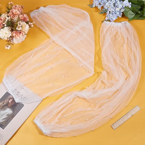AHANDMAKER 1 Pair Long Wedding Tulle Gloves, White Pearl Arm Sleeves Removable Mesh Puff Sleeve Fingerless Glove for Women Wedding Dress Prom Opera Theme Party4
