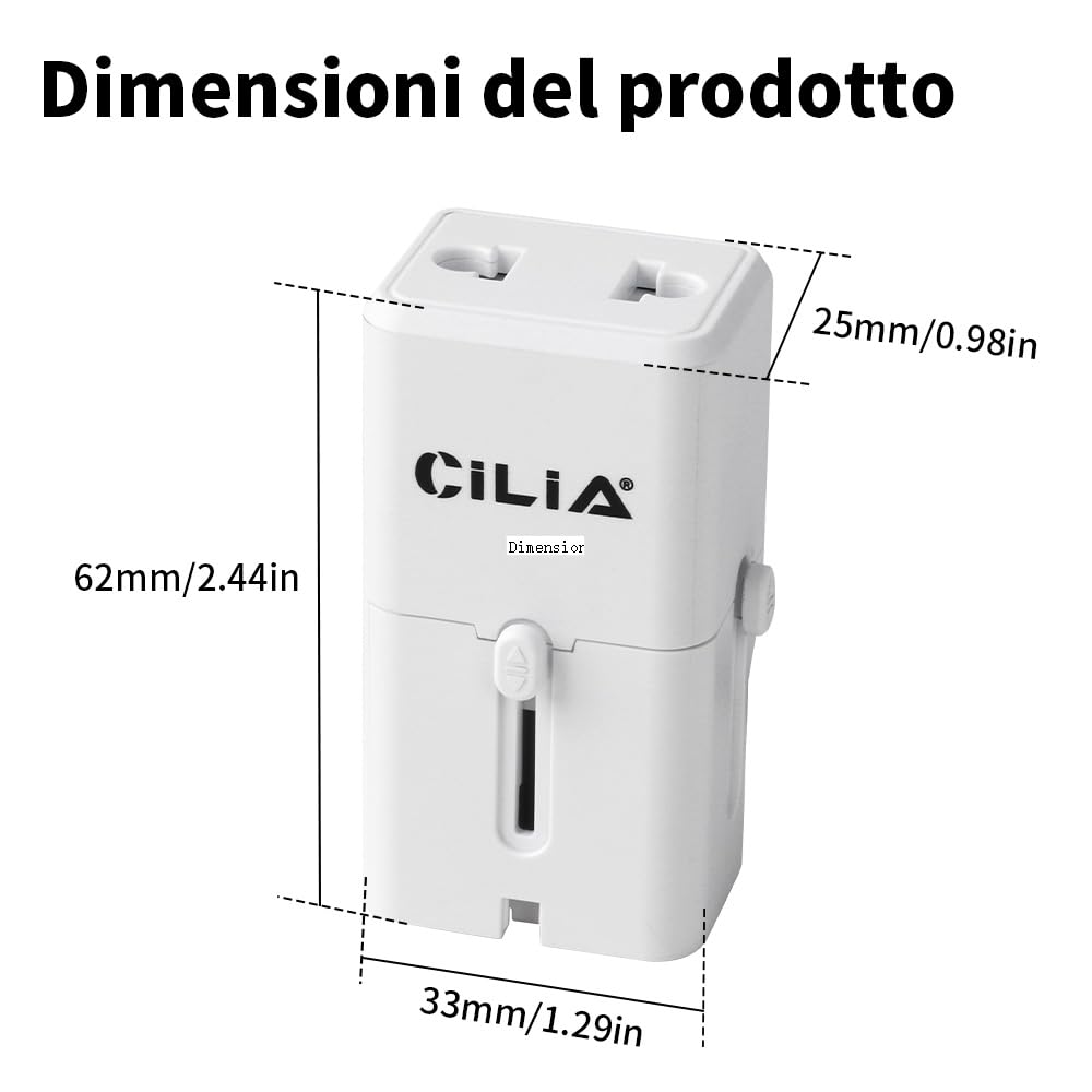 CILIA Adattatore Universale da Viaggio Presa Internazionale 150+ Paesi Spine US/UK/EU/AUS Compatto Bianco 2PCS