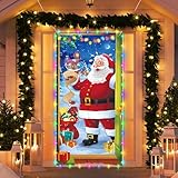 Irenare Christmas Door Decoration with String Light Santa Claus Door Cover Xmas Hanging Banner Backdrop Photo Booth Prop Background for Holiday New Year Winter Indoor Outside Front Door Party Supplies
