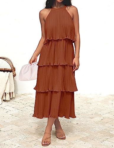 Zesica Women's 2023 Summer Sleeveless Halter Neck Ruffle Tiered Layed Chiffon Flowy Swing Long Midi Dress,Maple,Large #TOP1