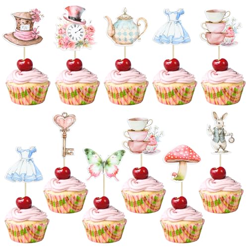 Gyufise 36Pcs Wonderland Theme Cupcake Toppers Key Rabbit Butterfly Alice Girl Cupcake Picks Mad Hatter Flower Tea Party Decorations for Baby Shower Birthday Party Cake Decorations