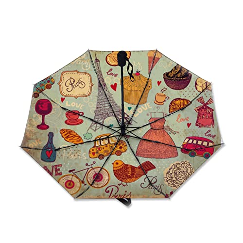 SEEKJOYS Vintage Paris Symbol Inner Print Umbrella Eiffel Travel Umbrella Anti-UV Strong Compact Stylish Automatic Portable Umbrella for Rain Outdoor Use