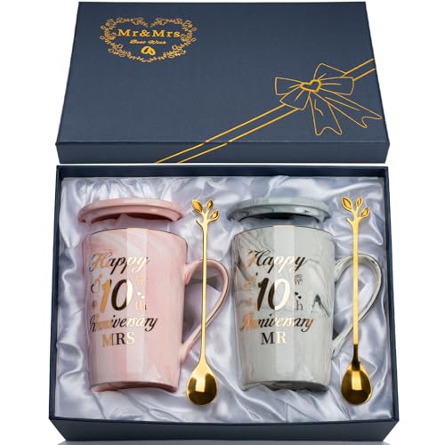 YIKILYLIFE Presentes 10º Aniversário de Casamento 2 Taças 400ml, Presentes para 10º Aniversário Taça de Cerâmica Jaspeada com Colheres, Cartões, Caixas de Presente