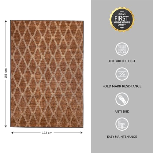 Image of Welspun Wonder-Full Polyester Carpet for Hall, Living Room, Bedroom & Dining Area | 1431 GSM | Anti-Skid | Machine Washable | 4x6 Feet | Brown