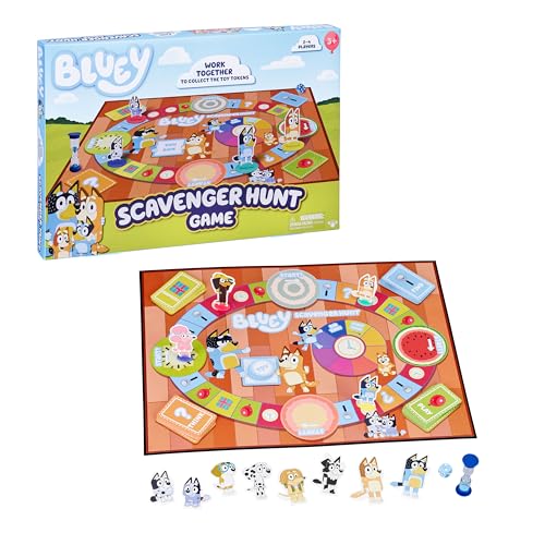 Bluey Scavenger Hunt Board Game, Cooperative Play with 4 Exclusive Mini-Figures, Indoor Games for Kids Ages 5+, Fun Toy Token Collecting Game