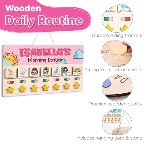 Image of Personalized Wooden Chore Chart for Kids, Daily Routine Chart for Toddlers, Visual Schedule for Kids Age 3-5, Morning Bedtime Routine for Girls (01)