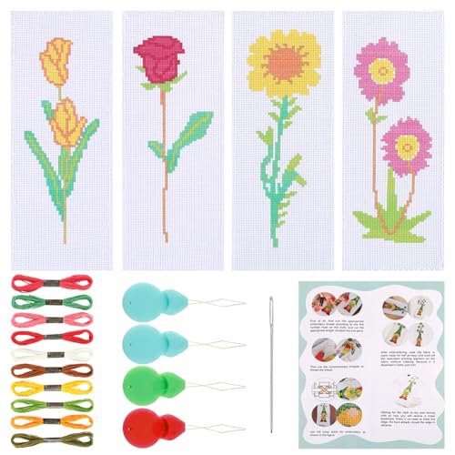 GORGECRAFT 4 Sets Cross Stitch Bookmark Kit Flowers Stamped Embroidery Cross Stitching Bookmark with Instruction for Beginner Adults DIY Counted Crossstitch Gifts Book Readers 23x8cm