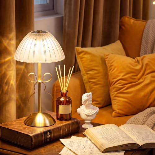 Image of Liliful 2 Pcs Cordless Table Lamp Rechargeable Touch LED Small Gold Portable Battery Operated USB-c Desk Lamp 3 Color Dimmable for Bedroom Living Room Dining (Gold,Mushroom Style Bow)
